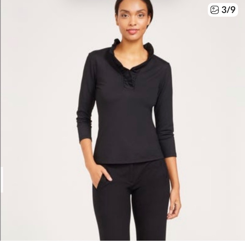 J. McLaughlin Black Ruffled Henley Long-Sleeve Top